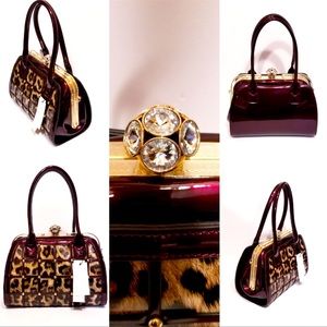 Patent Faux Leather Leopard Print Frame Satchel